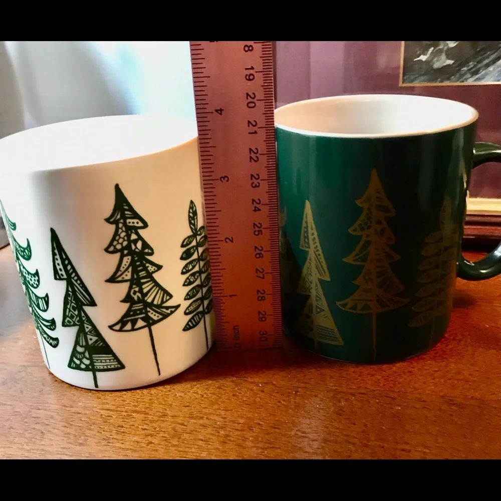 Set of Two Starbucks Christmas Mugs Green with Gold Trees White with Green Trees